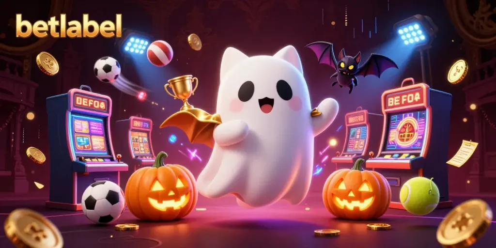 Engage with betlabel casino's vibrant atmosphere featuring a ghost cat and bat amidst dynamic gaming elements.