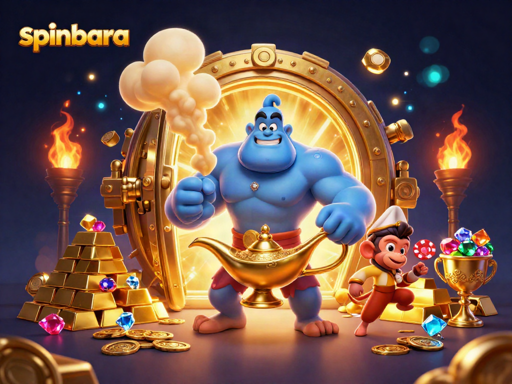 Spinbara Casino's enchanting world with a genie, monkey, and treasures amidst rich gaming elements.
