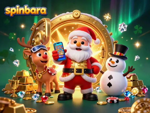 Experience spinbara's exciting jackpot action with Santa, his reindeer, and a snowman in a vibrant casino scene.