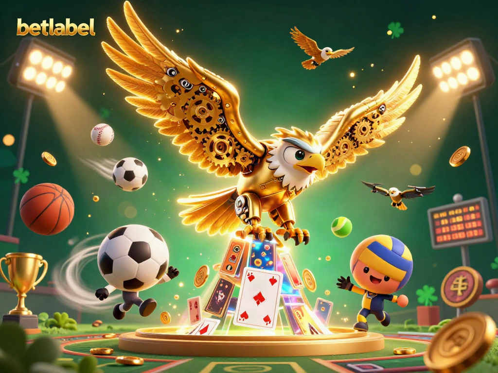 Experience excitement at BetLabel with a dynamic 3D illustration featuring a golden eagle amidst holographic cards and sports elements.