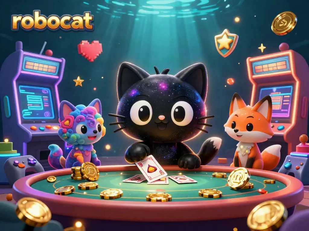 Robocat draws in golden chips at a cosmic casino table, showcasing vibrant gaming elements.
